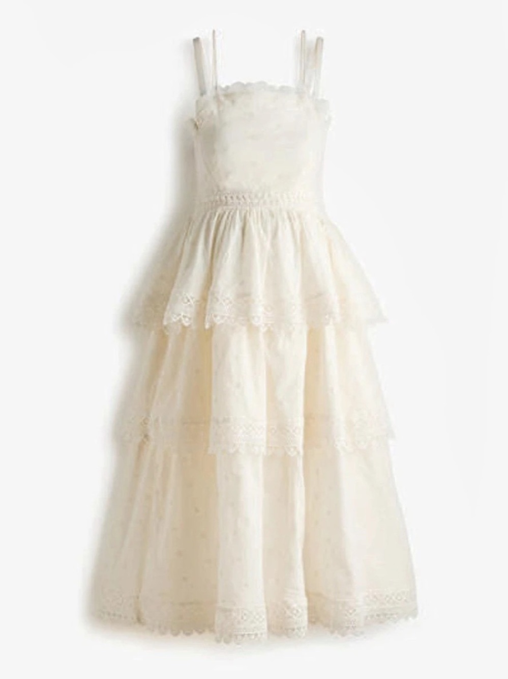 H&M MAMA Lace Trim Tiered Detail Ruffle Strap Midi Dress in Cream